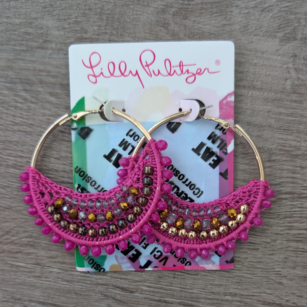 NWT Lilly Pulitzer Fuchsia and Gold Hoop Earrings